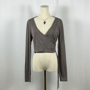 IJOAH Wrap Crop Top Long Sleeve Grey Size Medium Tie Waist